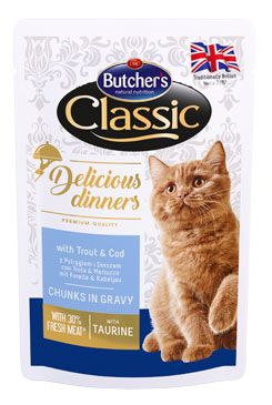 Butcher's Cat Class.Delic.Dinn.pstruh+treska kapsa100g Butcher's Cat Class.Delic.Dinn.pstruh+treska kapsa100g