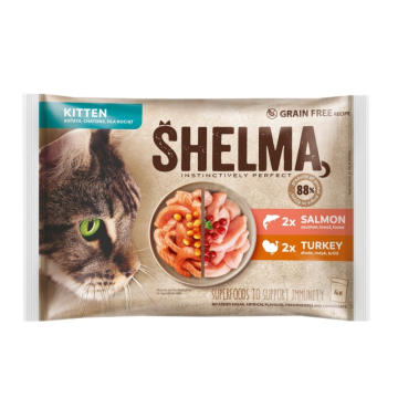 SHELMA Cat Kitten losos a krůta, kapsa 85 g (4 pack)